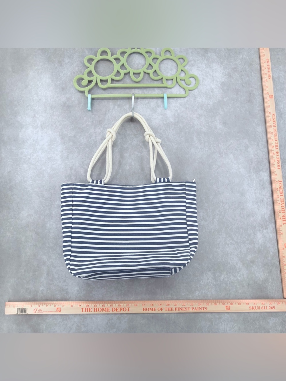 Striped Rope-Handle Tote Bag in Navy and White farm house